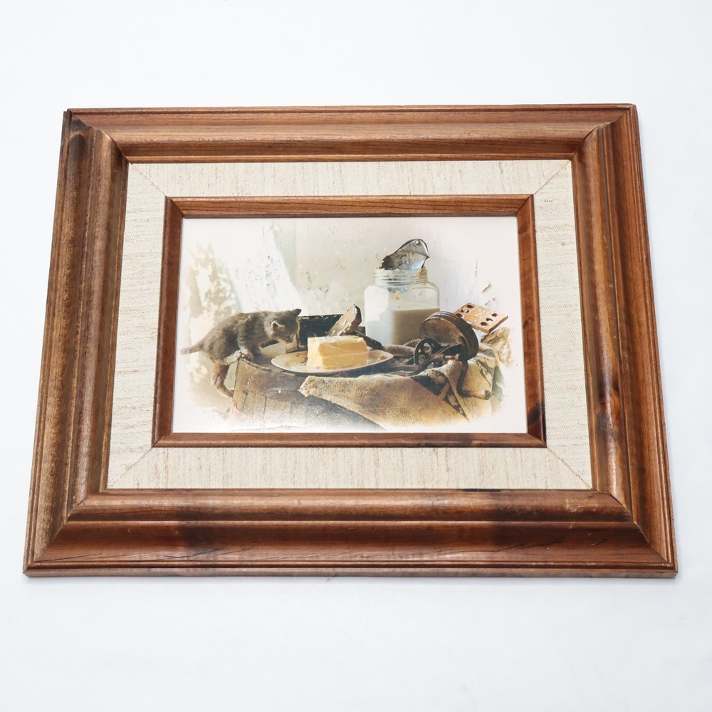 Vintage Framed Print Kitten Bird Jar Milk Country Farmhouse Art Cottage Decor